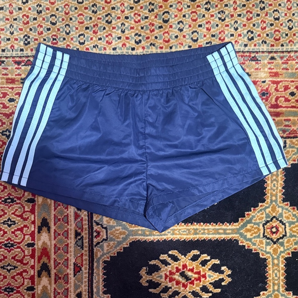 Edikted Navy Blue Athletic Shorts with Light Blue Stripes